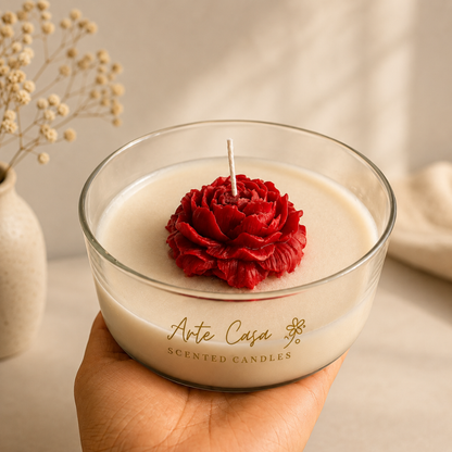 Crimson Rose Round Sculptural Candle | Red Carnation Scented Soy Wax Candle