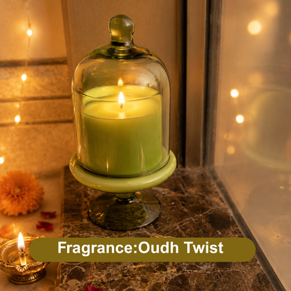 Verdant Glow Green Glass Jar Candle | Oudh Soy Wax Candle