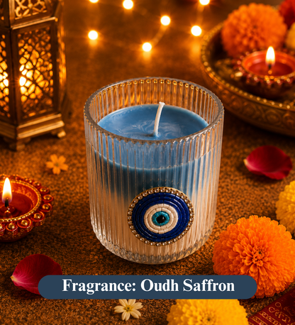 Nazar Glow Evil Eye Decorative Candle | Oudh Saffron Soy Wax Candle