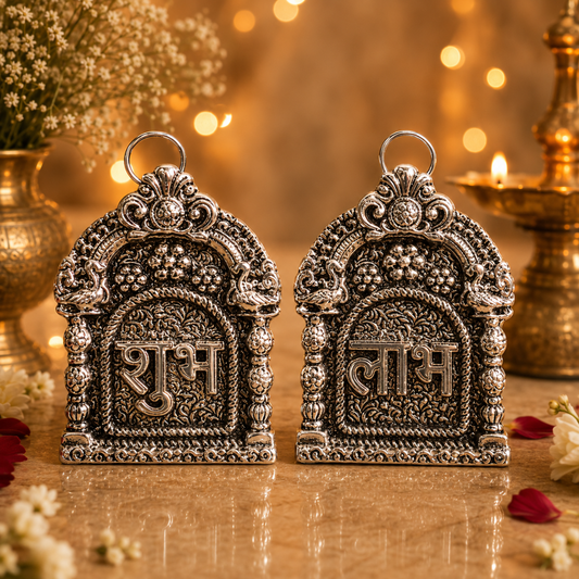 Silver Plated Shubh Labh with Red Velvet Box | Diwali & Pooja Décor | Artecasa