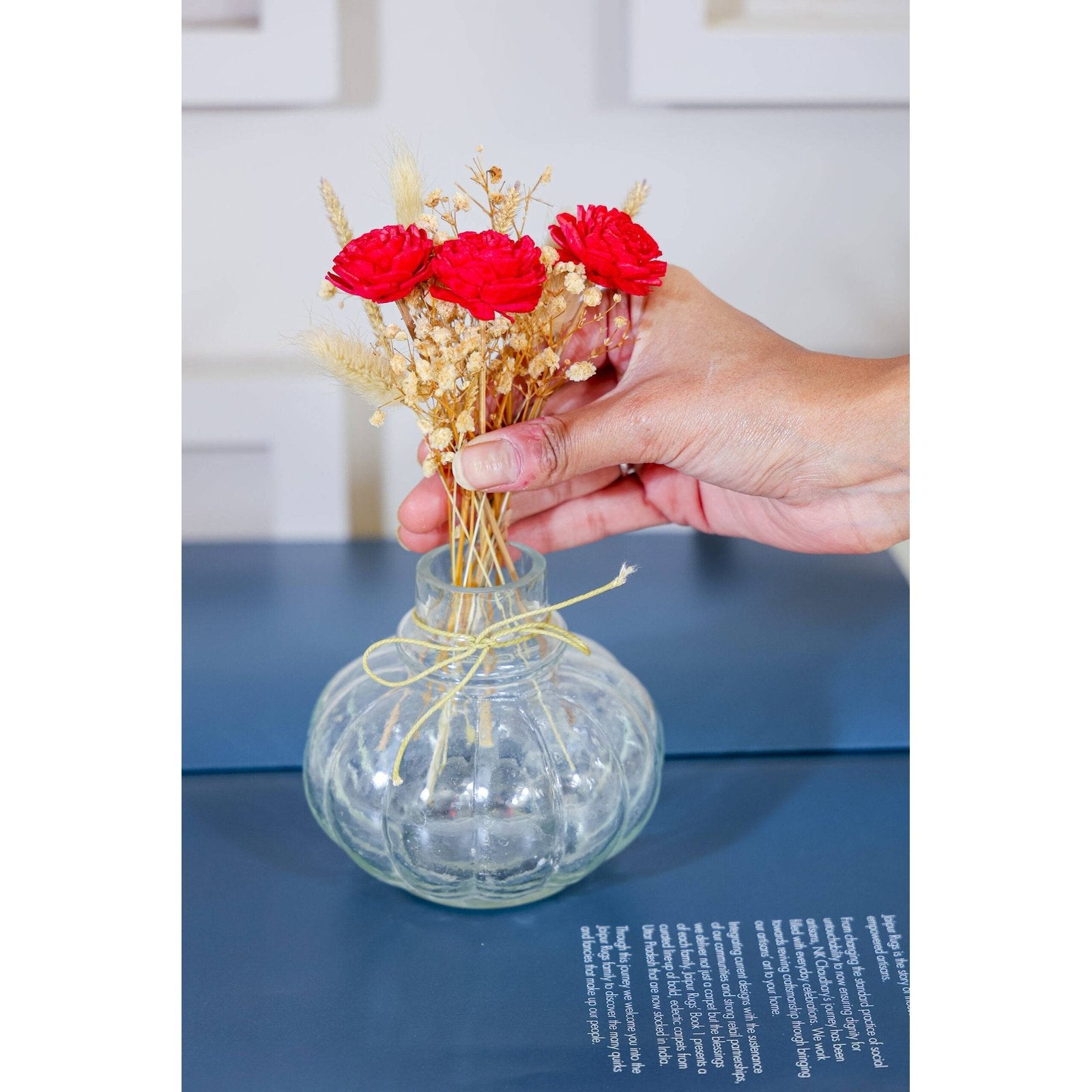 Mini glass bottle vase with red velvet bunch - https://artecasa.in/