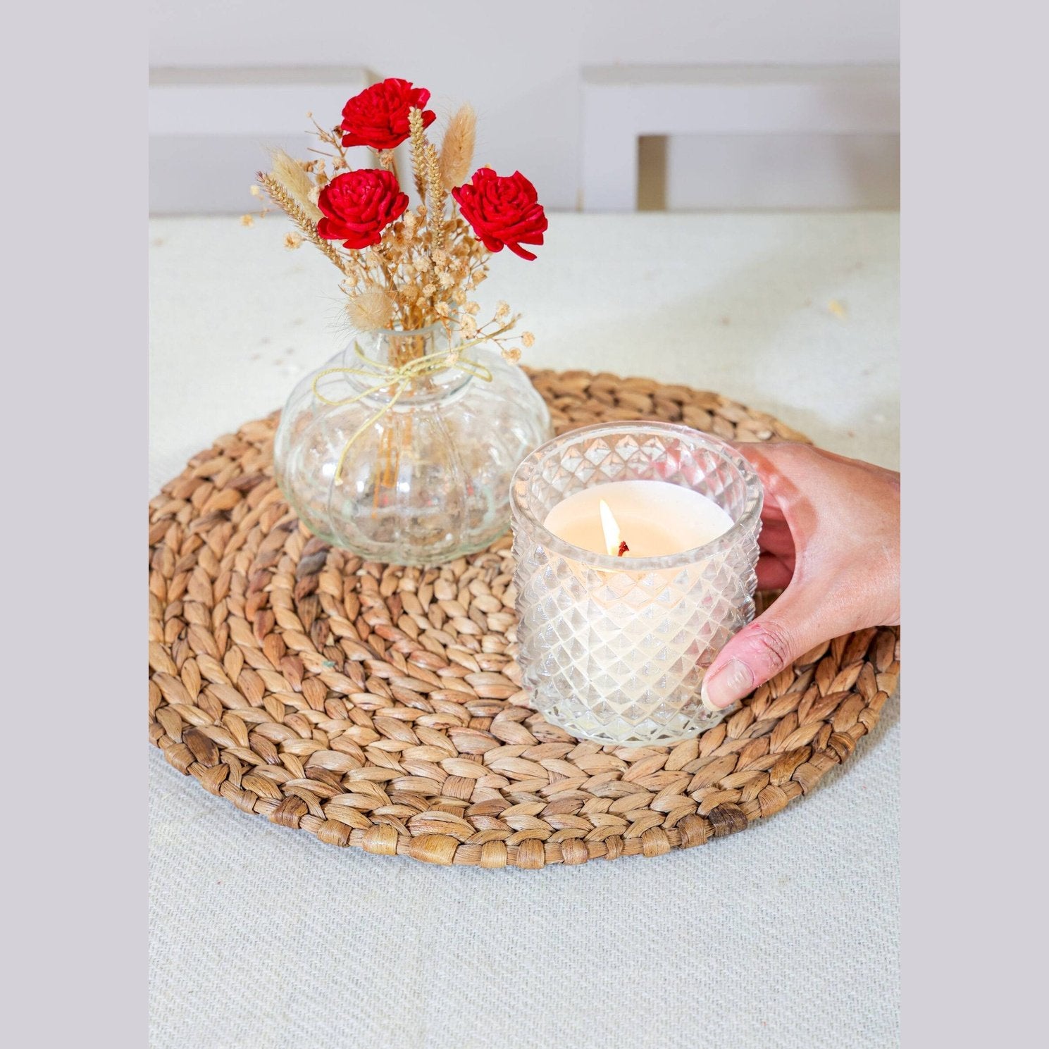Mini glass bottle vase with red velvet bunch - https://artecasa.in/
