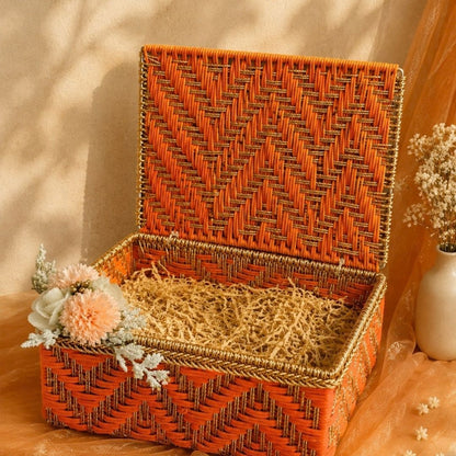 Orange & Gold Handwoven Decorative Storage Box with Lid