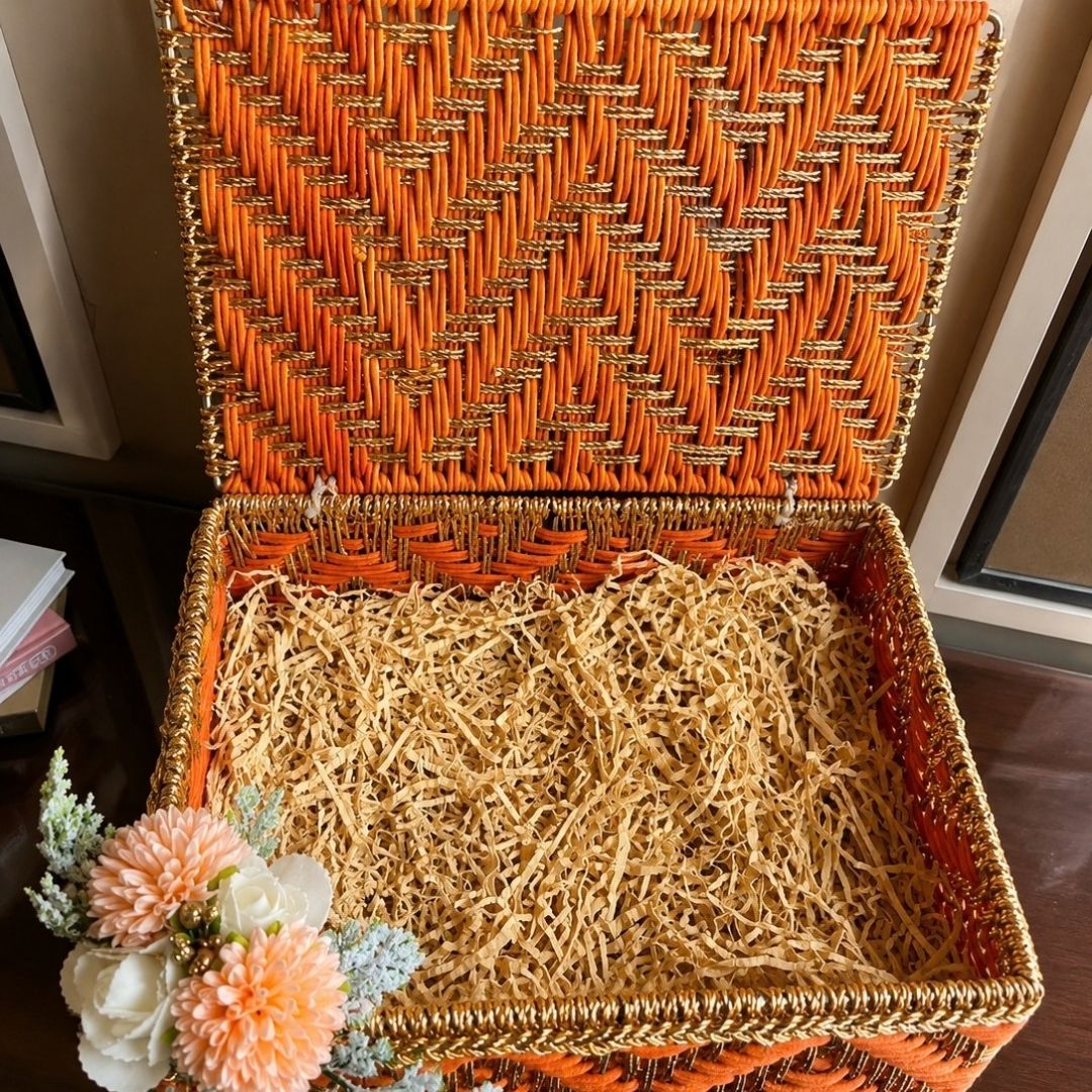 Orange & Gold Handwoven Decorative Storage Box with Lid