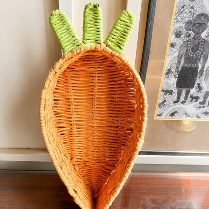Handwoven Natural Wicker Carrot Basket with Green Handles