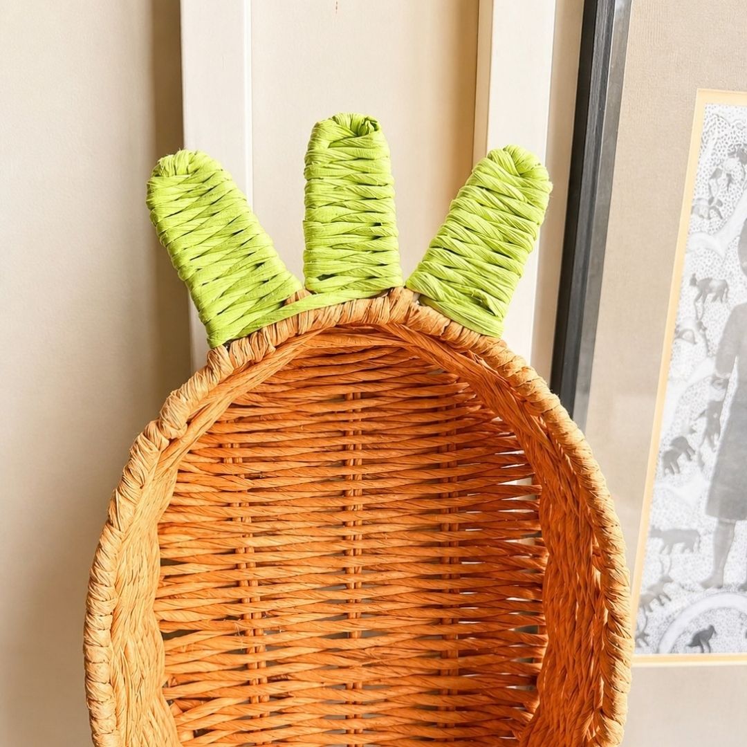 Handwoven Natural Wicker Carrot Basket with Green Handles