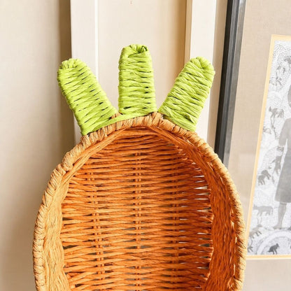 Handwoven Natural Wicker Carrot Basket with Green Handles