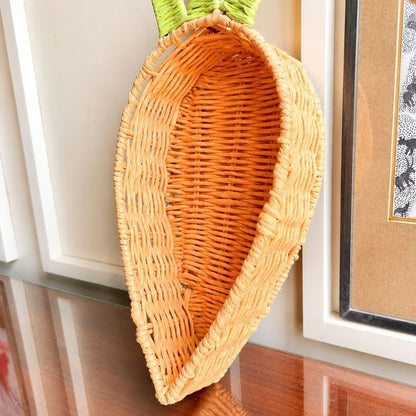 Handwoven Natural Wicker Carrot Basket with Green Handles