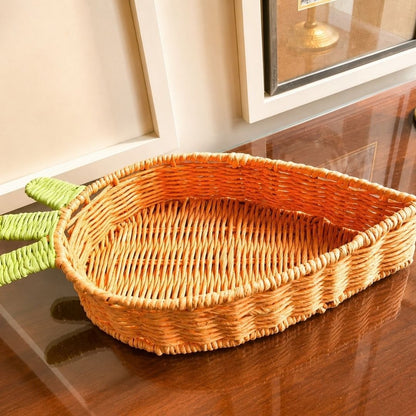 Handwoven Natural Wicker Carrot Basket with Green Handles