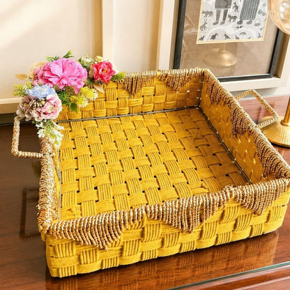 Mustard Yellow Handwoven Decorative Storage Tray with Handles