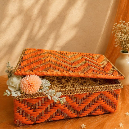 Orange & Gold Handwoven Decorative Storage Box with Lid