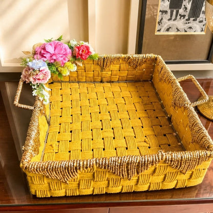 Mustard Yellow Handwoven Decorative Storage Tray with Handles