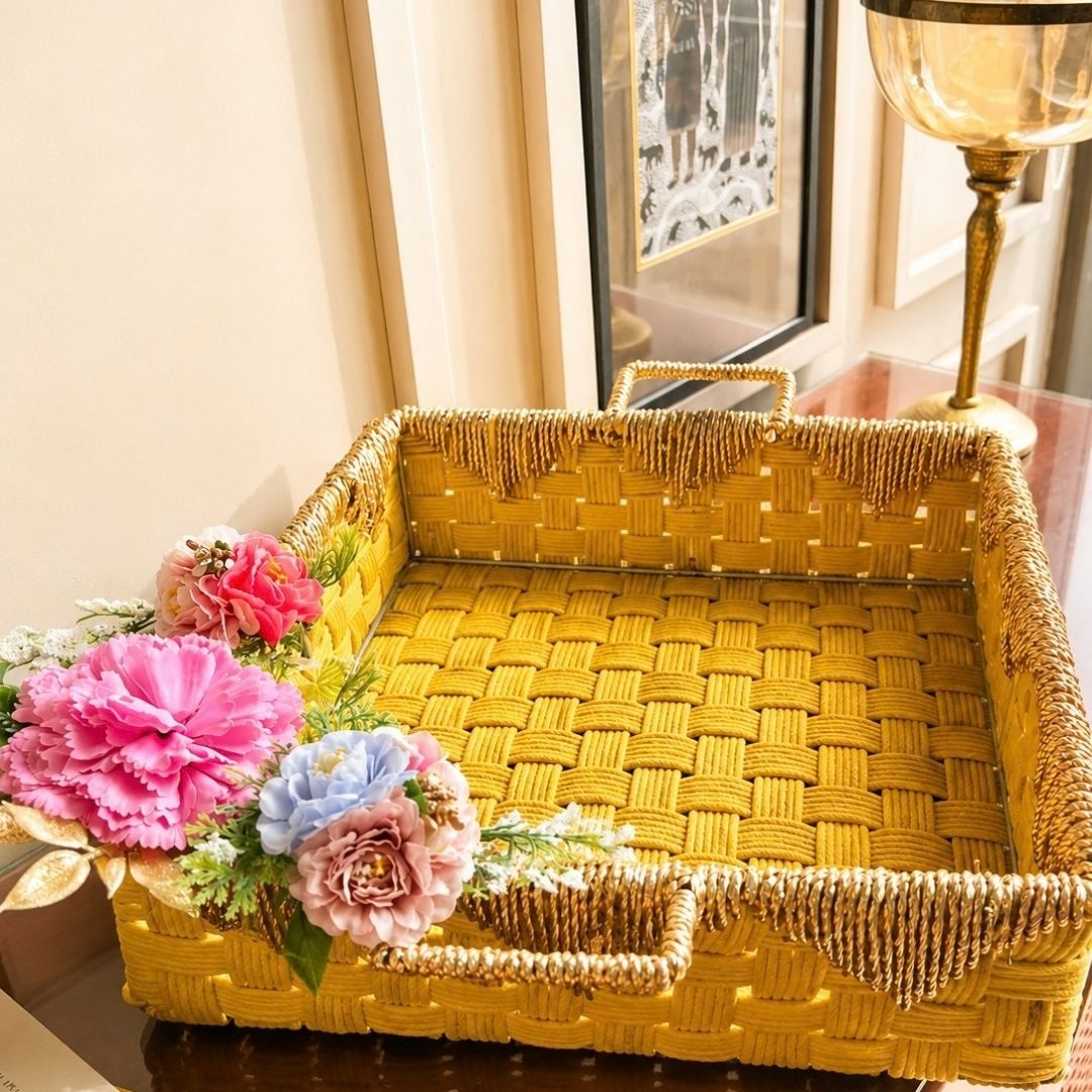 Mustard Yellow Handwoven Decorative Storage Tray with Handles