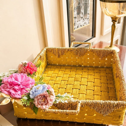 Mustard Yellow Handwoven Decorative Storage Tray with Handles
