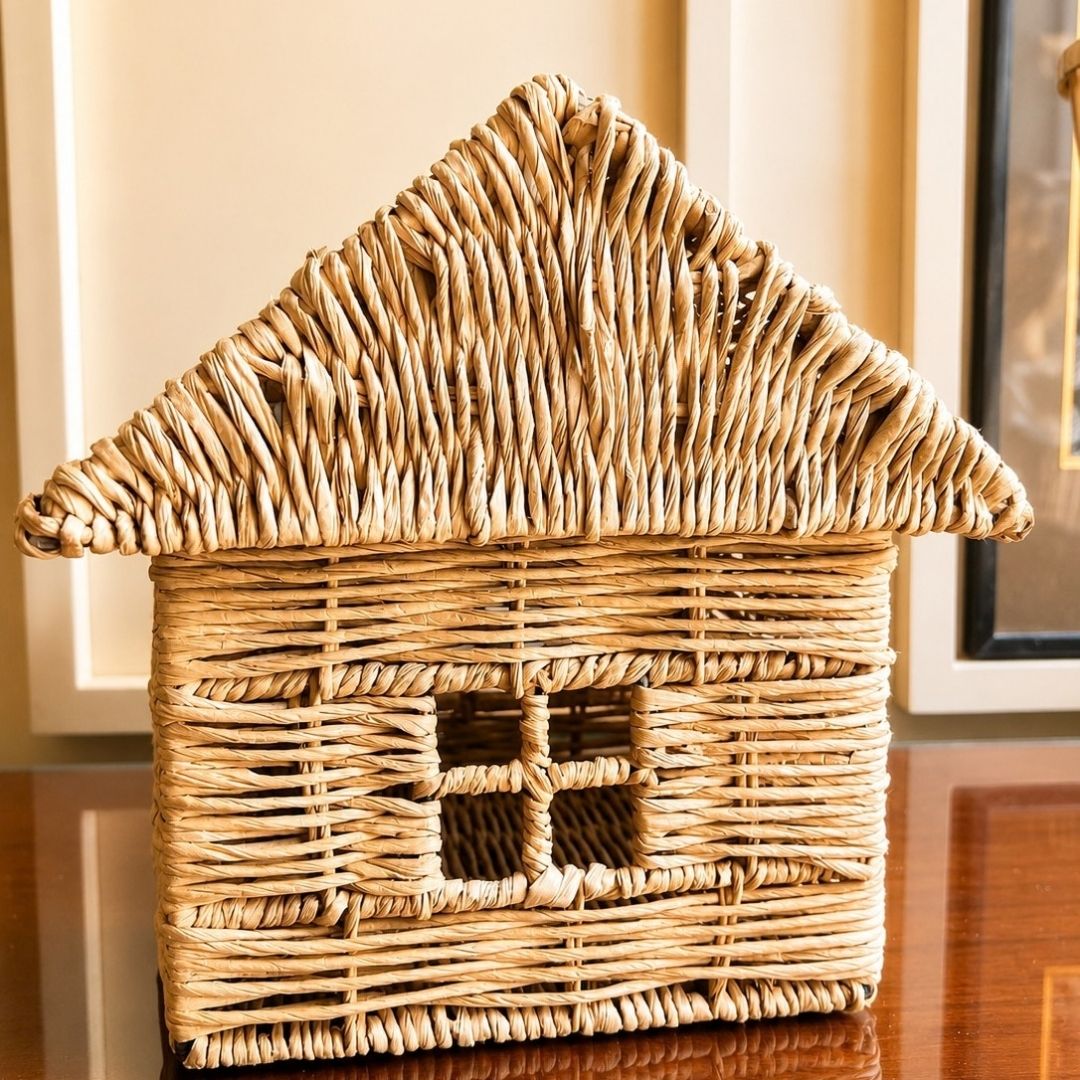 Handwoven Natural Wicker House-Shaped Storage Basket with Lid