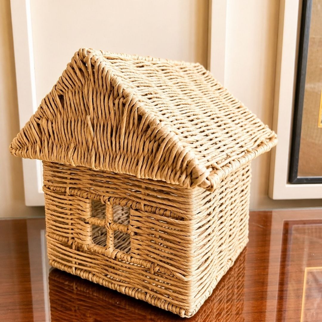 Handwoven Natural Wicker House-Shaped Storage Basket with Lid