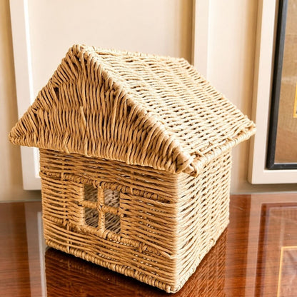 Handwoven Natural Wicker House-Shaped Storage Basket with Lid