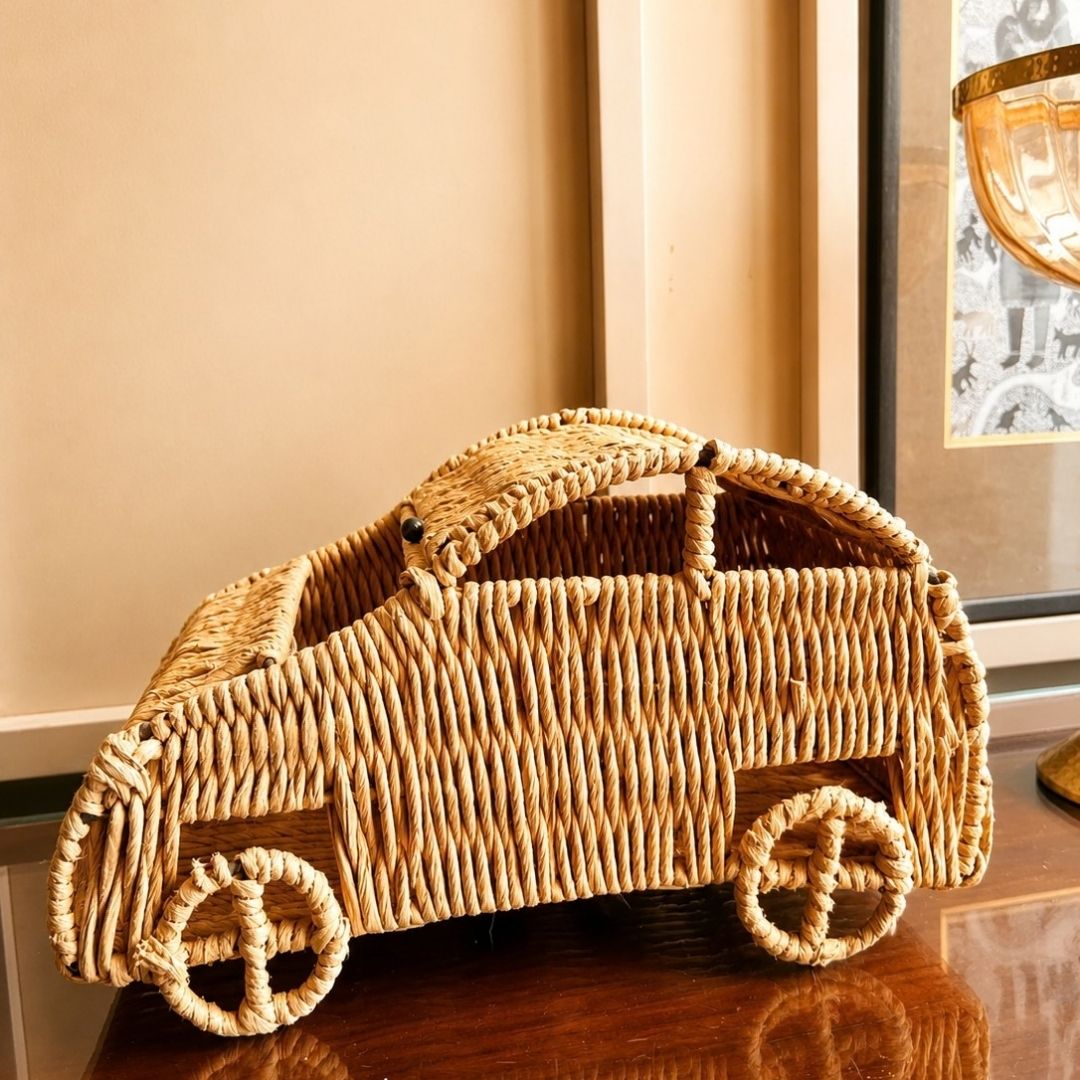 Handwoven Natural Storage Basket with Roll-Top Lid & Handles
