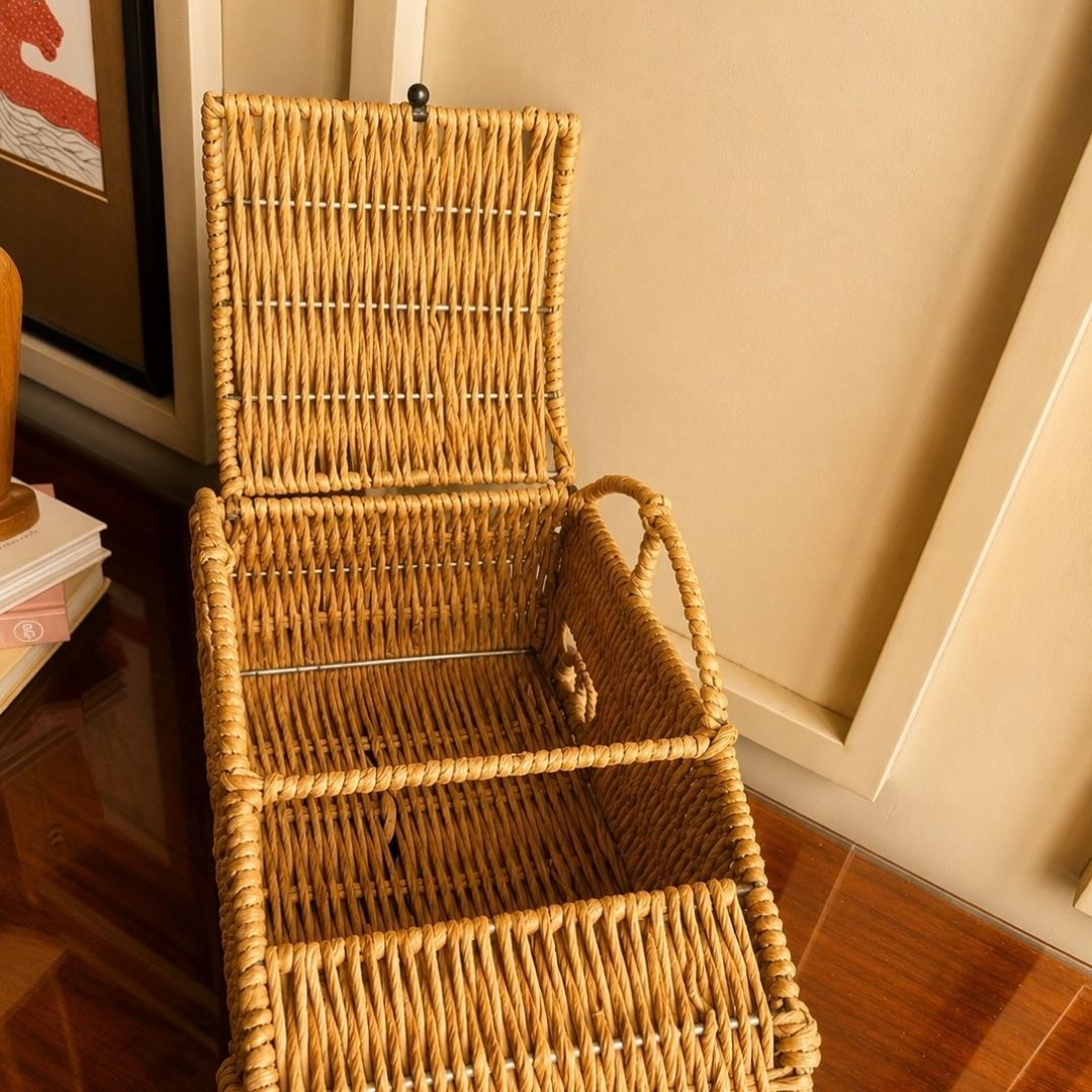 Handwoven Natural Storage Basket with Roll-Top Lid & Handles