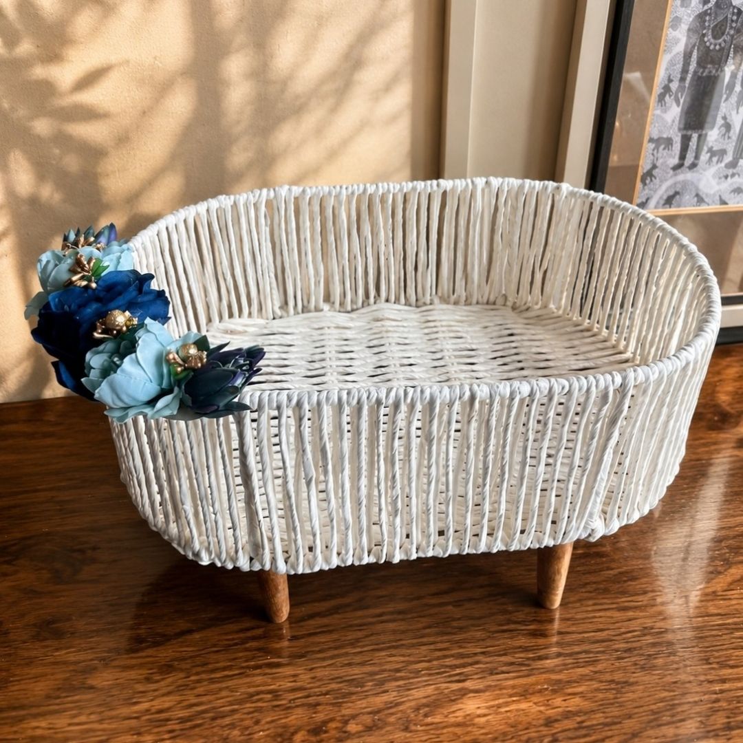 Handwoven White Decorative Basket with Wooden Legs