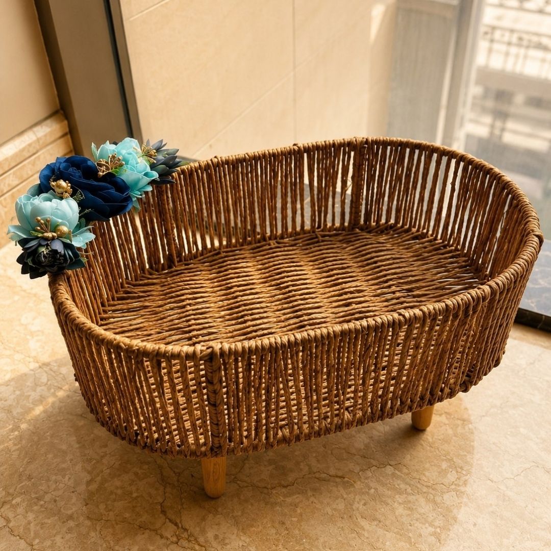 Handwoven Natural Decorative Basket with Wooden Legs