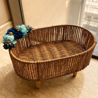 Handwoven Natural Decorative Basket with Wooden Legs