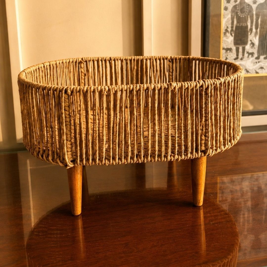 Handwoven Natural Decorative Basket with Wooden Legs