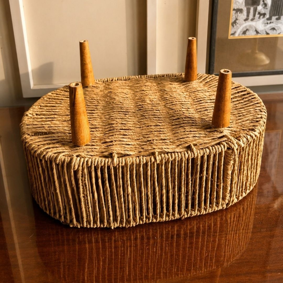 Handwoven Natural Decorative Basket with Wooden Legs