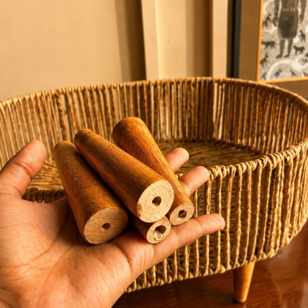 Handwoven Natural Decorative Basket with Wooden Legs