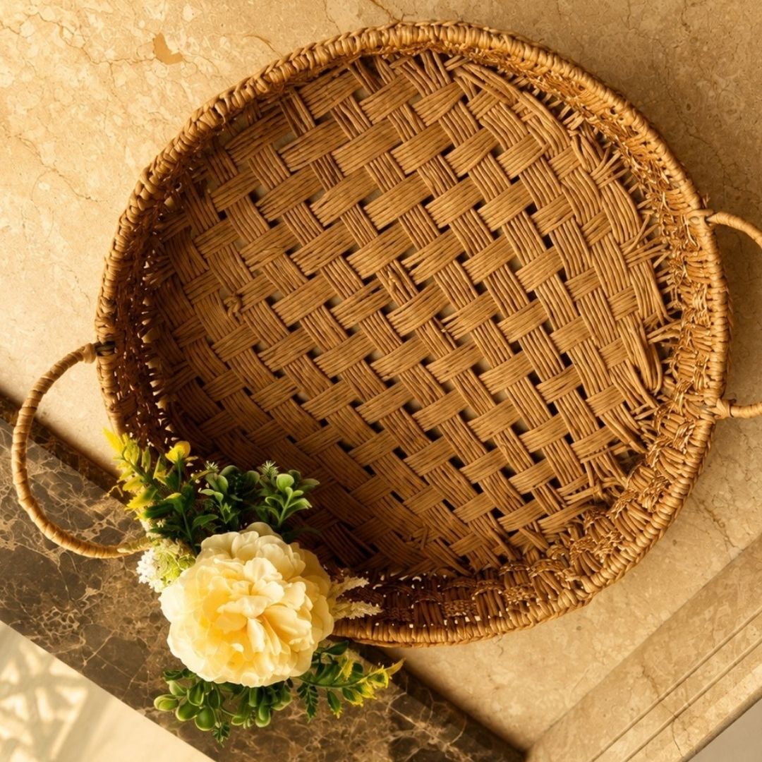 Handwoven Natural Decorative Tray with Handles | Round Woven Serving Basket