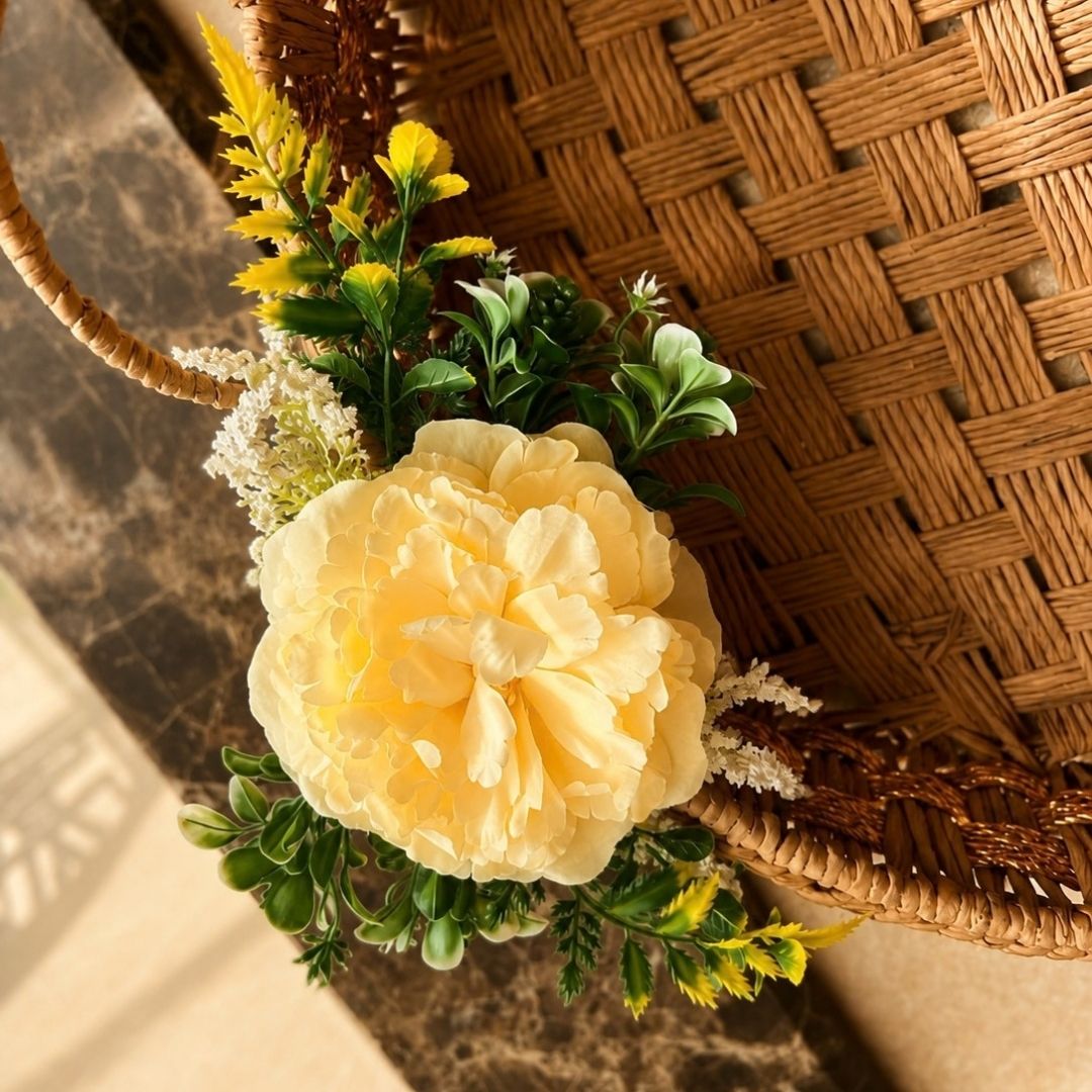 Handwoven Natural Decorative Tray with Handles | Round Woven Serving Basket