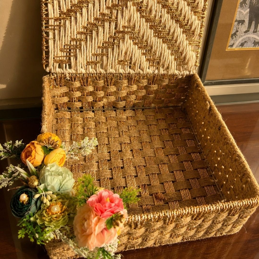 Handwoven Jute & Gold Decorative Storage Box with Lid