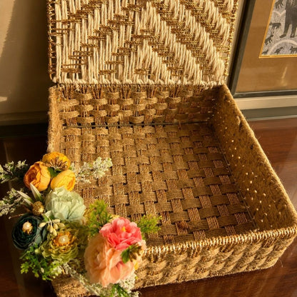 Handwoven Jute & Gold Decorative Storage Box with Lid