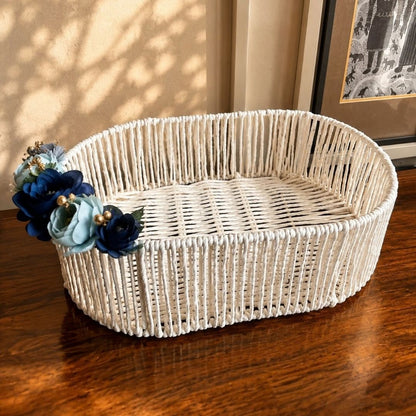 Handwoven White Decorative Basket with Wooden Legs