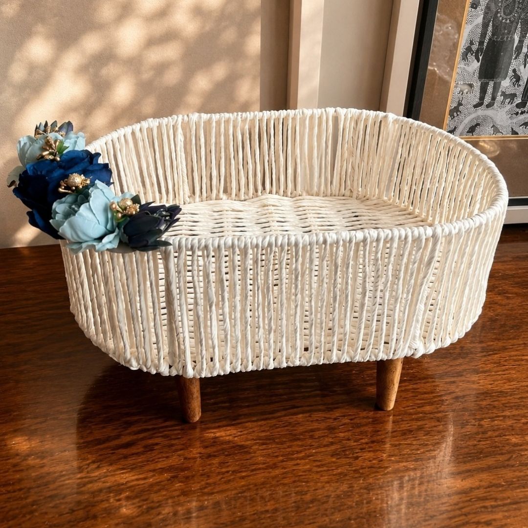 Handwoven White Decorative Basket with Wooden Legs