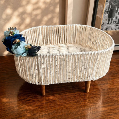 Handwoven White Decorative Basket with Wooden Legs