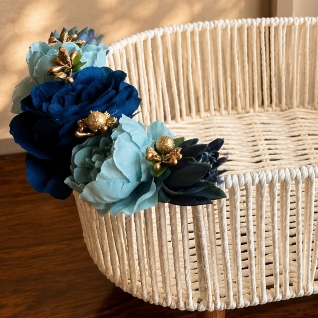 Handwoven White Decorative Basket with Wooden Legs