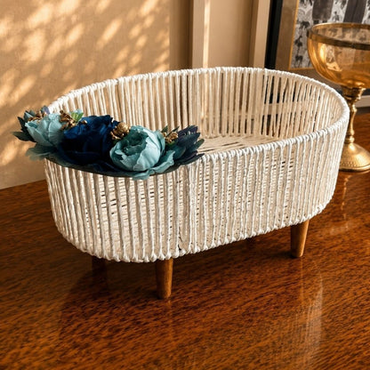 Handwoven White Decorative Basket with Wooden Legs