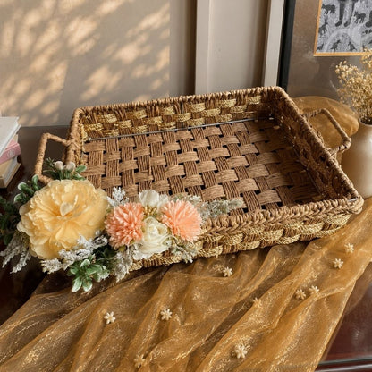Handwoven Natural Storage Tray with Handles | Decorative Woven Serving Basket
