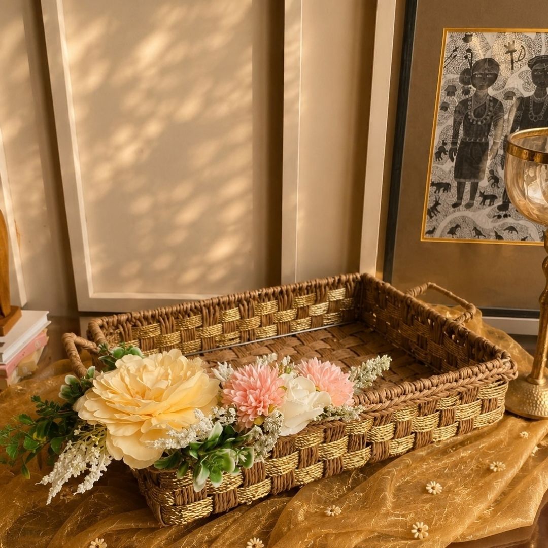 Handwoven Natural Storage Tray with Handles | Decorative Woven Serving Basket