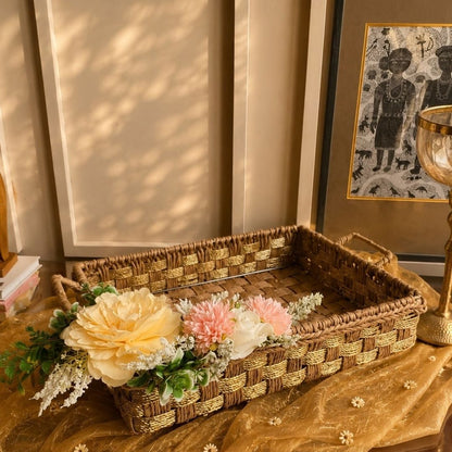 Handwoven Natural Storage Tray with Handles | Decorative Woven Serving Basket