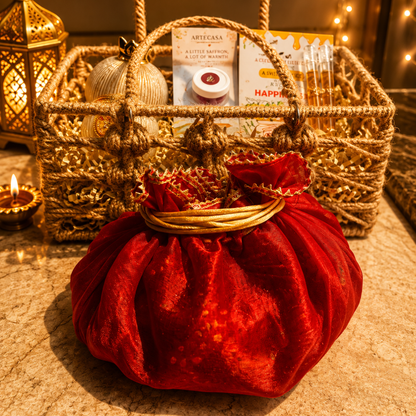 Utsav Jute Net Festive Gift Basket | Red Potli, Pomegranate & Soy Wax Candle