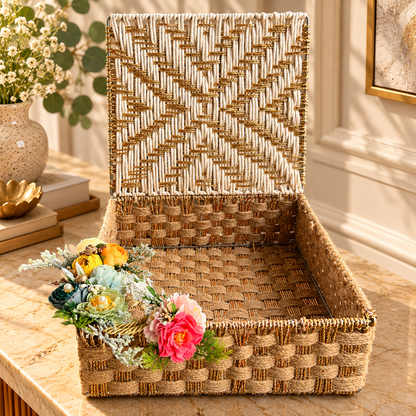 Handwoven Jute & Gold Decorative Storage Box with Lid