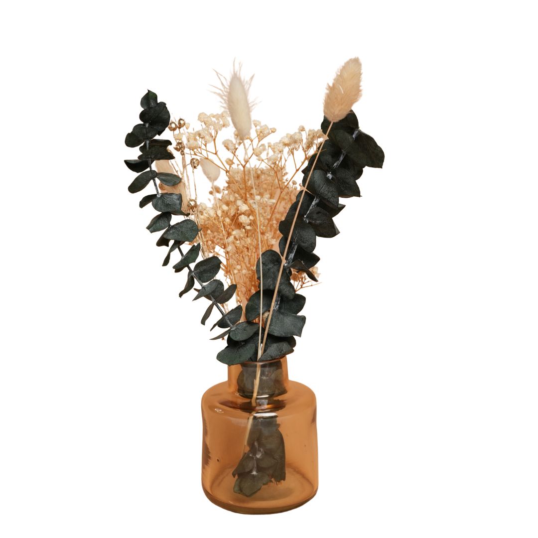 little blossom vase with dried flower bunch in mini glass vase