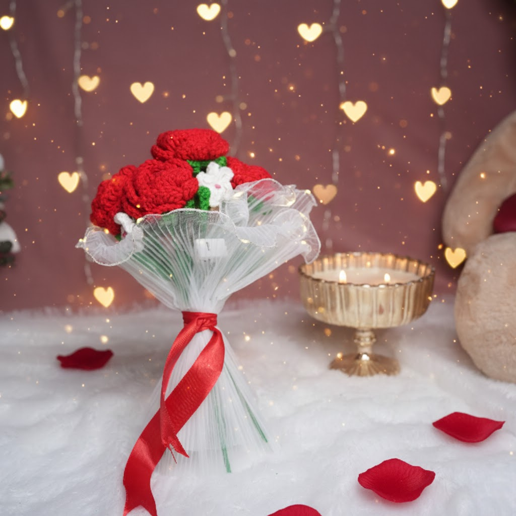 Radiant Red Rose Bloom – Handcrafted Crochet  with LED Glow | ArteCasa