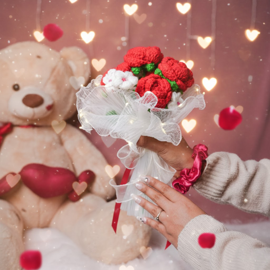 Radiant Red Rose Bloom – Handcrafted Crochet  with LED Glow | ArteCasa