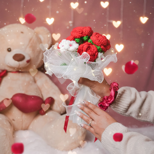 Radiant Red Rose Bloom – Handcrafted Crochet  with LED Glow | ArteCasa