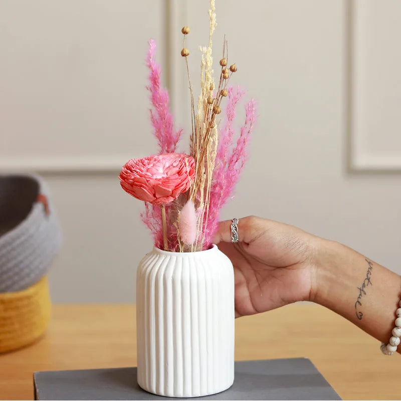 Mini Snow White vase with dried flower bunch for modern home decor and shelf styling
