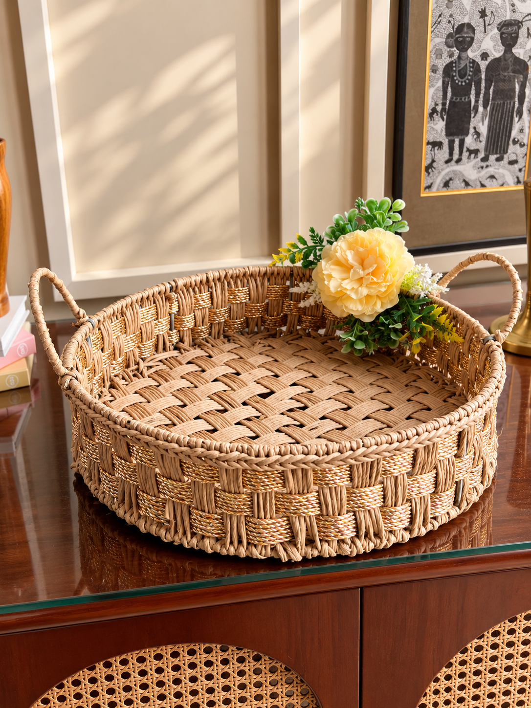 Handwoven Natural Decorative Tray with Handles | Round Woven Serving Basket