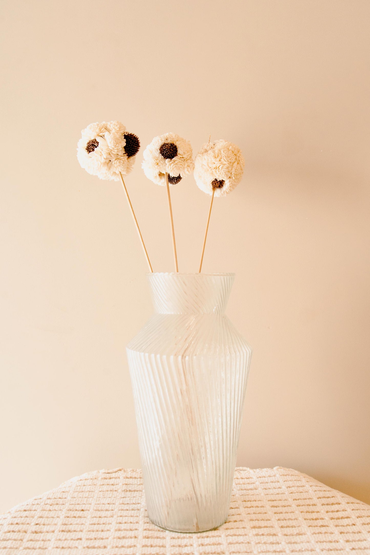 Handmade white sola flower ball sticks used for aesthetic home decor and elegant interior styling
